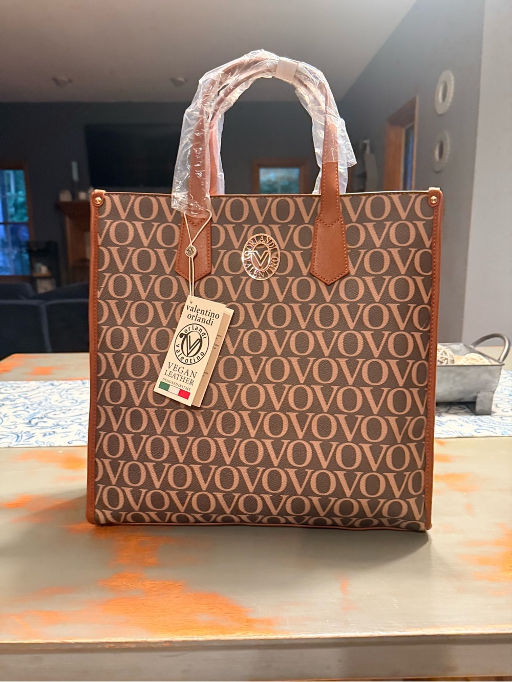 Valentino Orlandi Brown Monogram Logo Tote with Tan Trim *free wallet included!